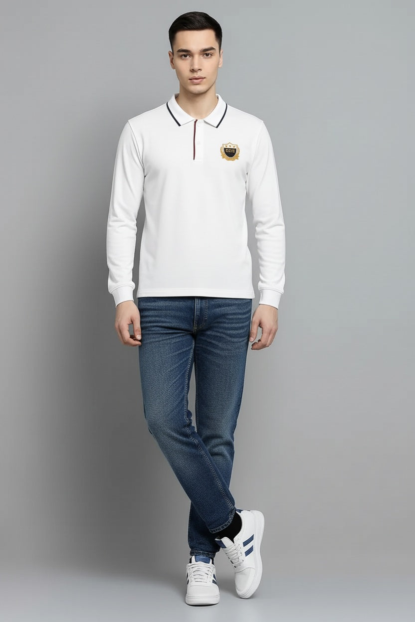 Men Off White Solid Polo Collar T-shirt