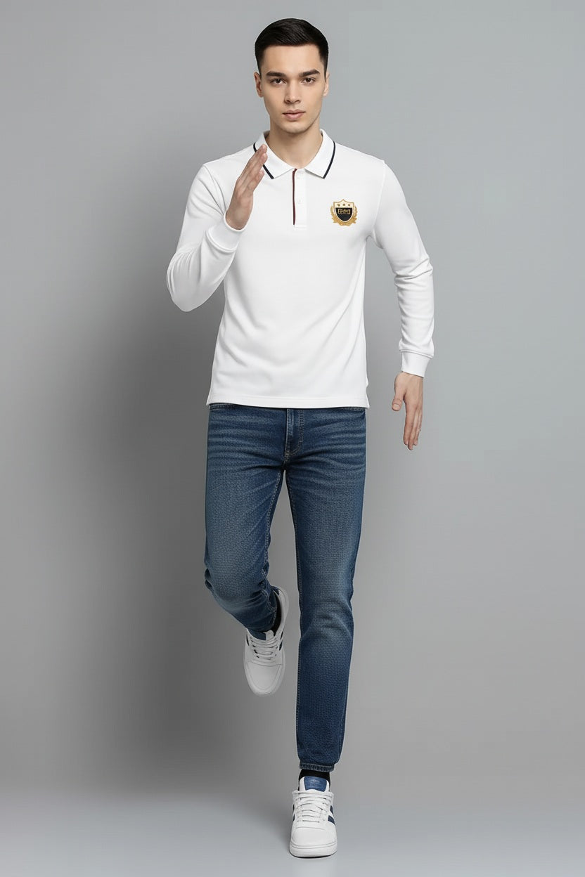Men Off White Solid Polo Collar T-shirt