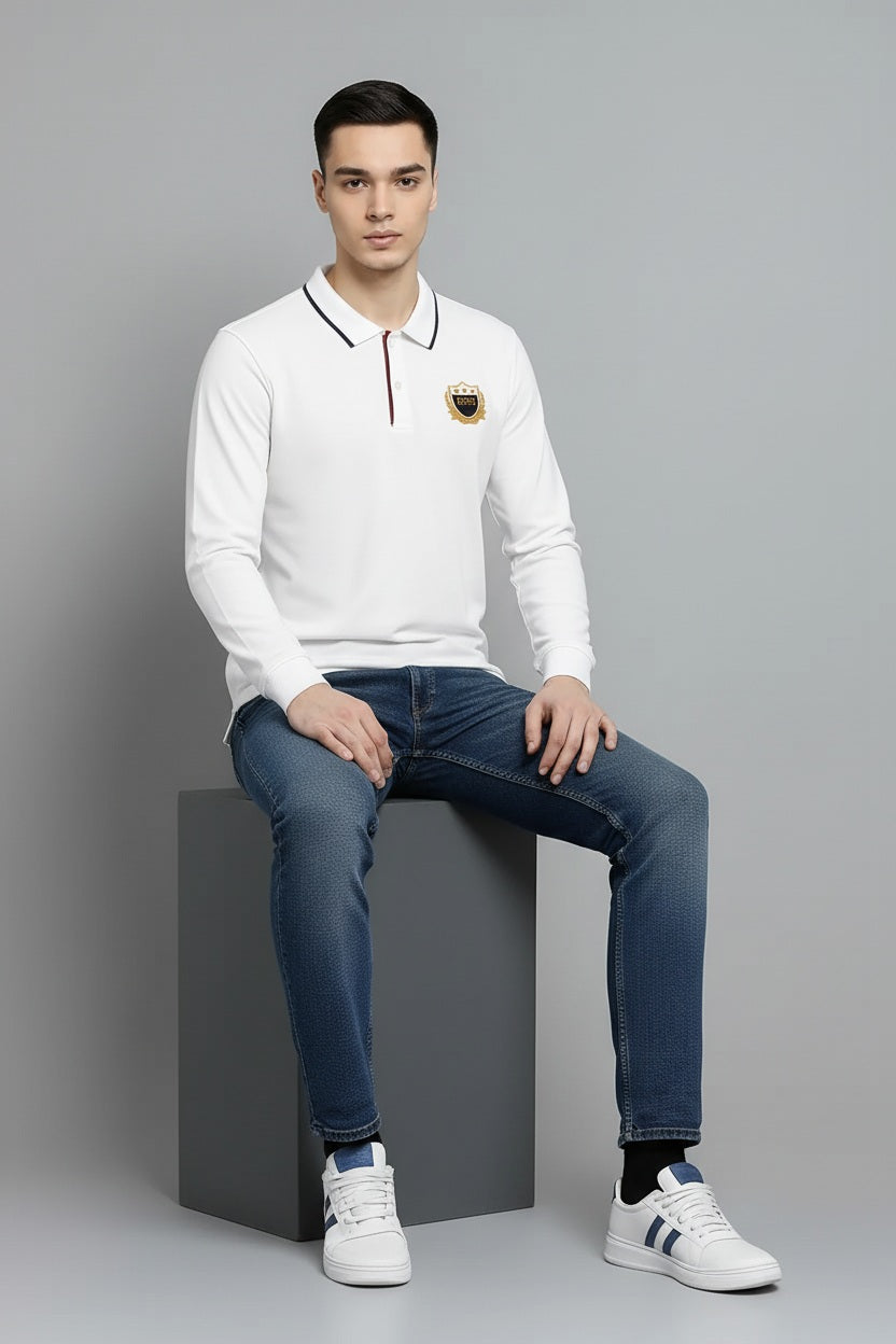 Men Off White Solid Polo Collar T-shirt