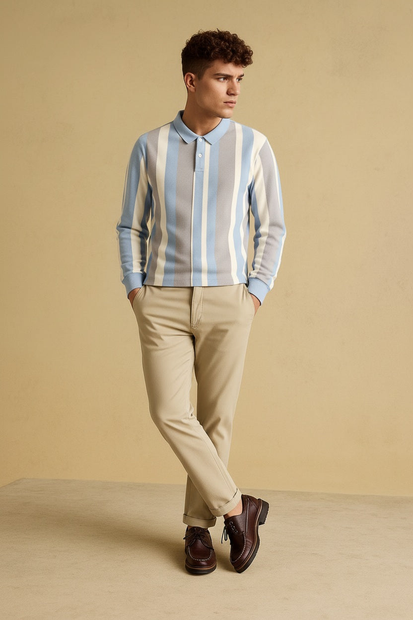 Men Denim Striped Polo Collar T-shirt