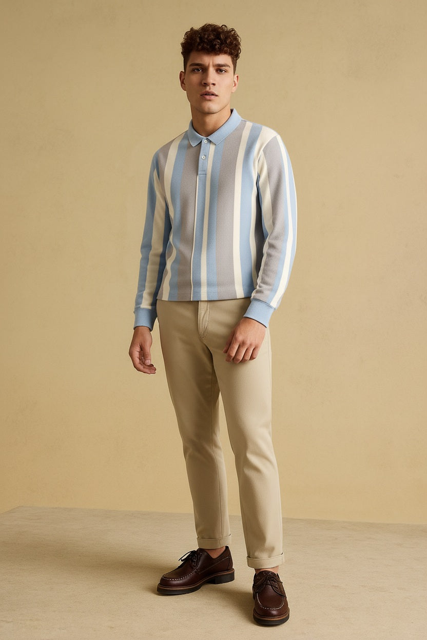 Men Denim Striped Polo Collar T-shirt