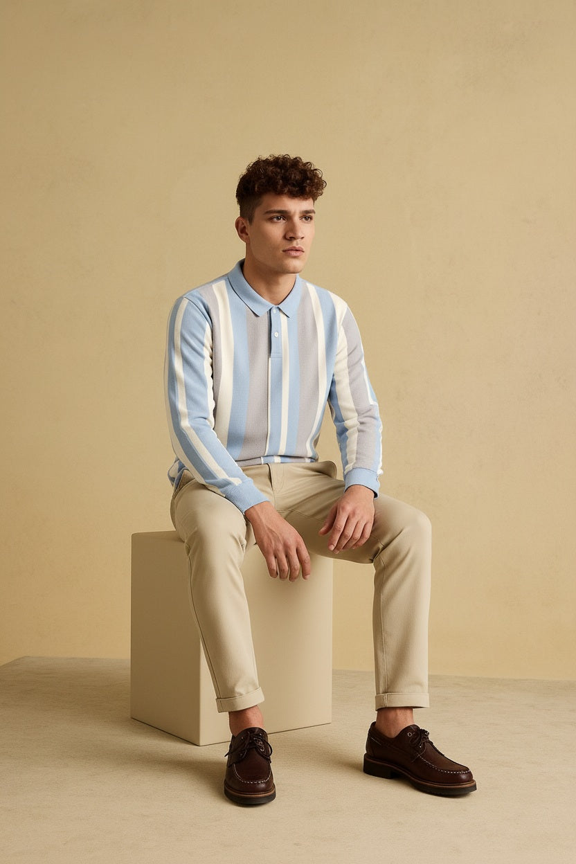 Men Denim Striped Polo Collar T-shirt