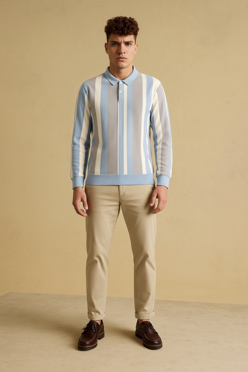 Men Denim Striped Polo Collar T-shirt