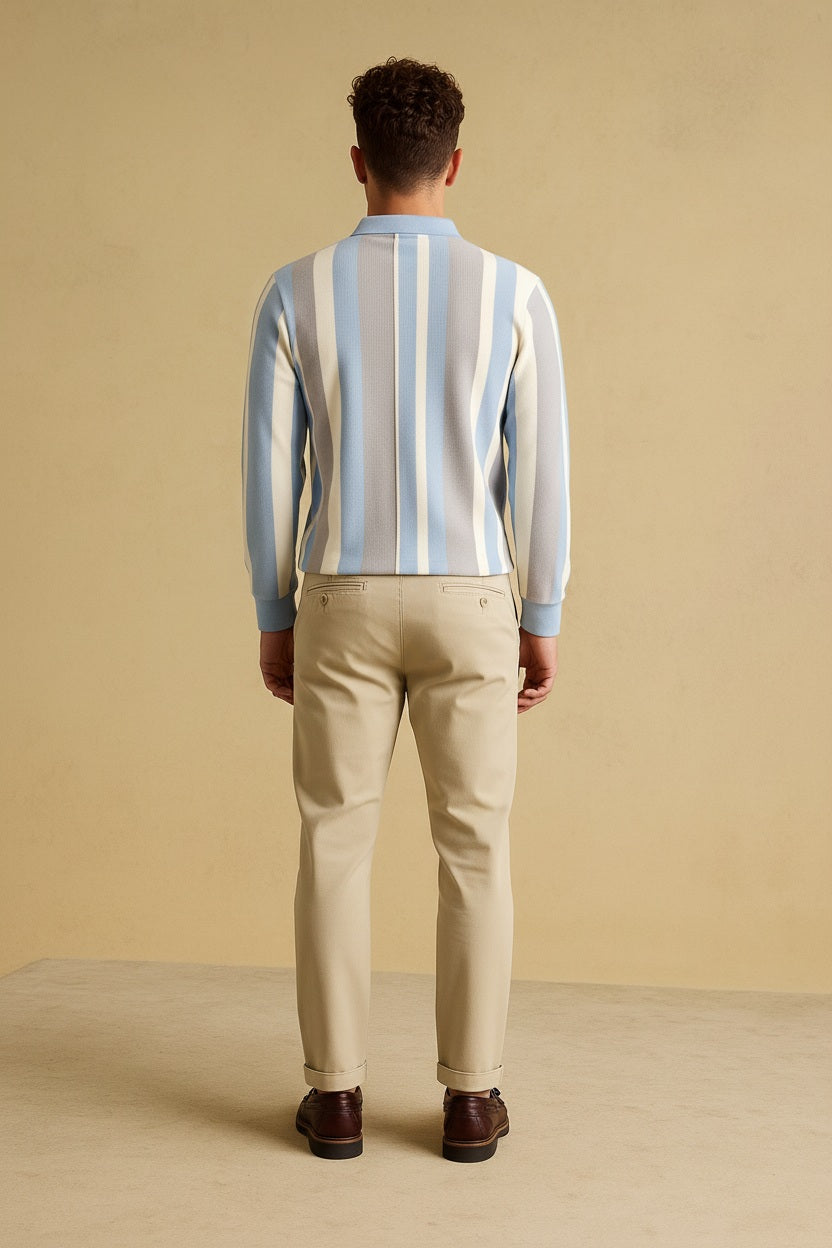 Men Denim Striped Polo Collar T-shirt