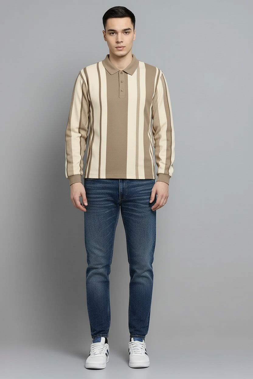 Men Natural Striped Polo Collar T-shirt