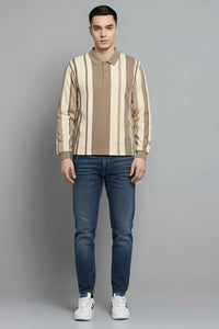 Men Natural Striped Polo Collar T-shirt