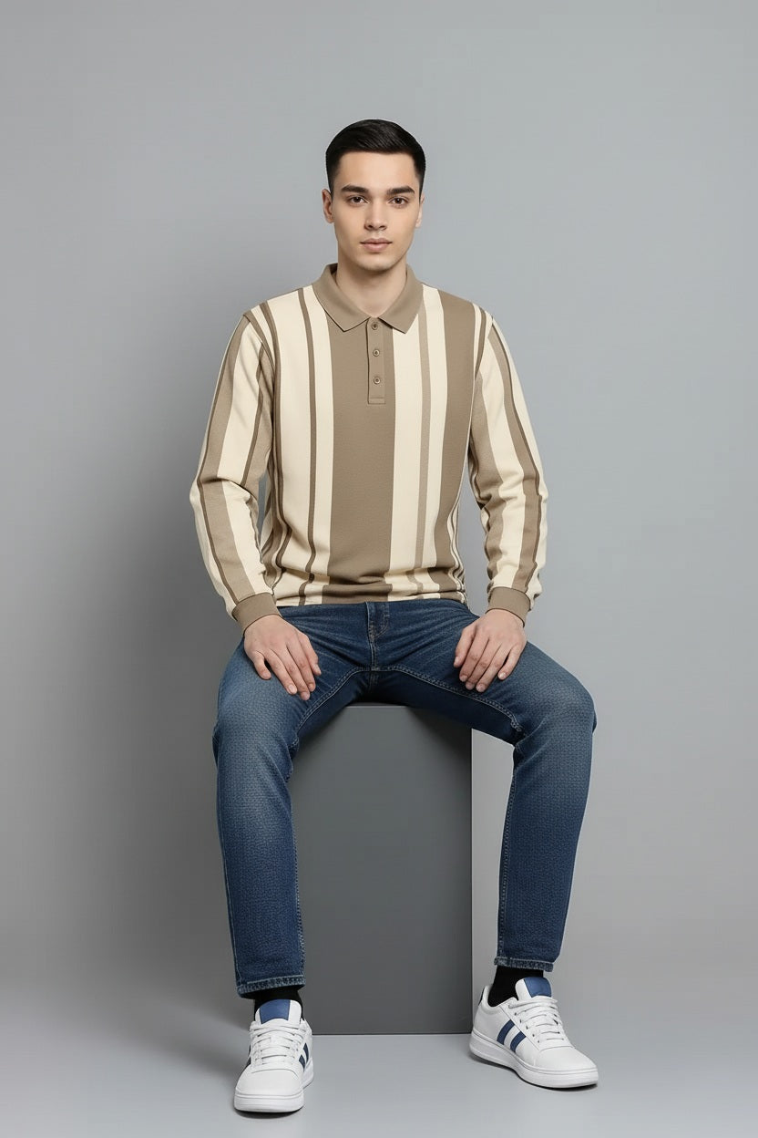 Men Natural Striped Polo Collar T-shirt