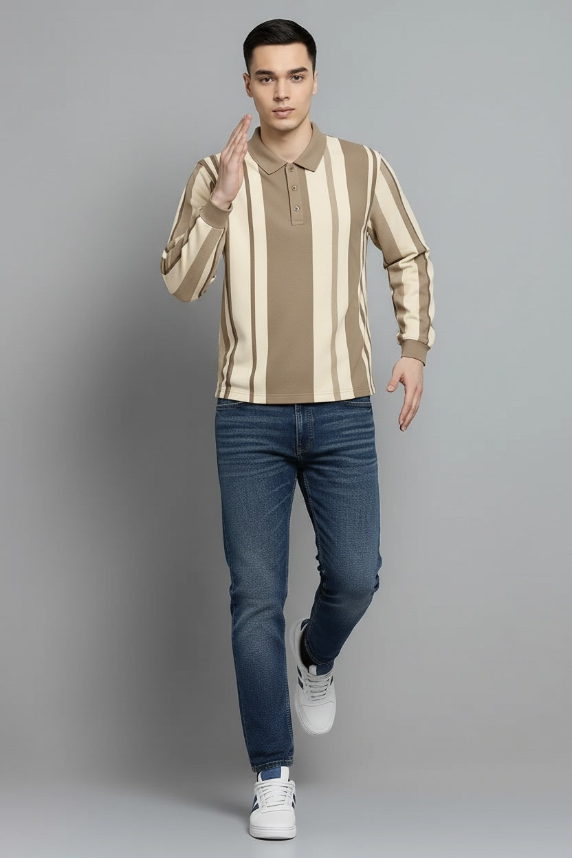 Men Natural Striped Polo Collar T-shirt
