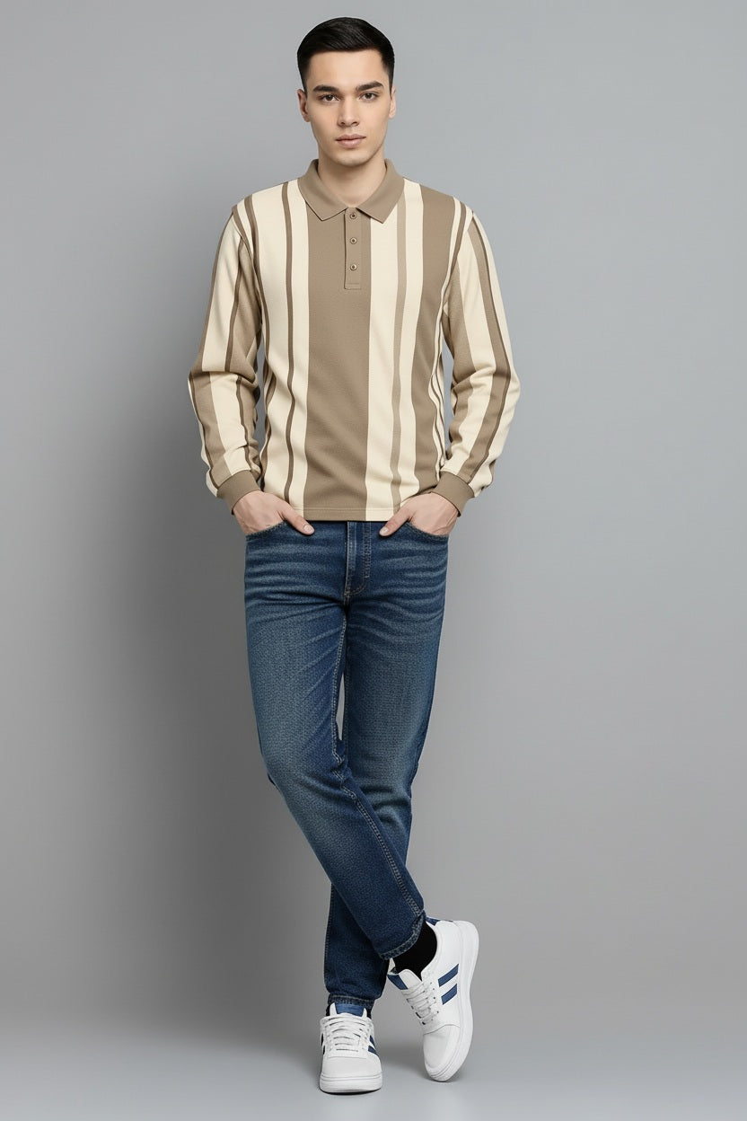 Men Natural Striped Polo Collar T-shirt