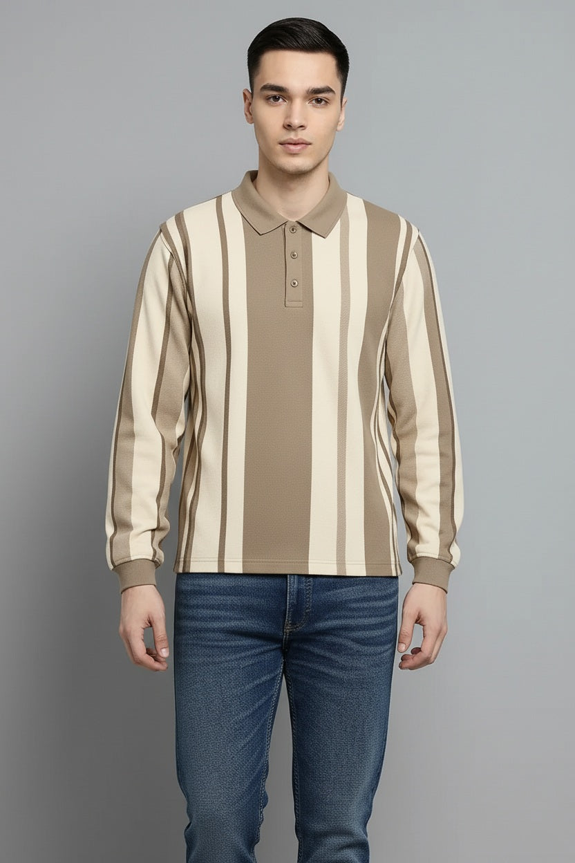 Men Natural Striped Polo Collar T-shirt