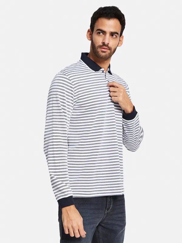 Mettle Men Navy Blue Striped High Neck Pockets T-Shirt