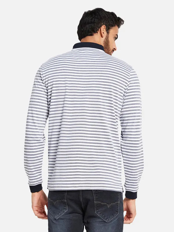 Mettle Men Navy Blue Striped High Neck Pockets T-Shirt