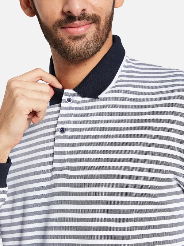 Mettle Men Navy Blue Striped High Neck Pockets T-Shirt