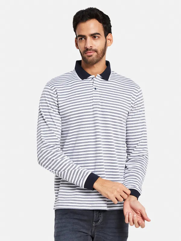 Mettle Men Navy Blue Striped High Neck Pockets T-Shirt