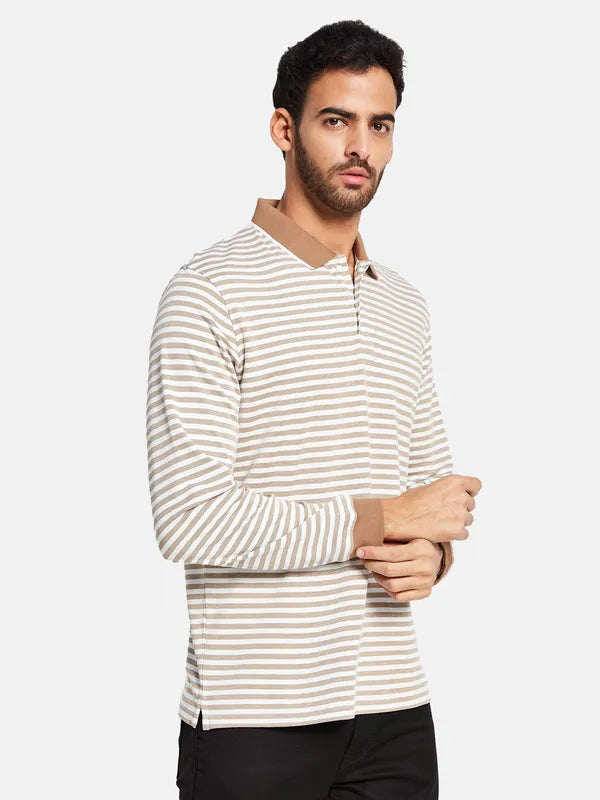 Mettle Men Brown Striped High Neck Pockets T-Shirt