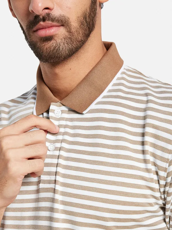 Mettle Men Brown Striped High Neck Pockets T-Shirt