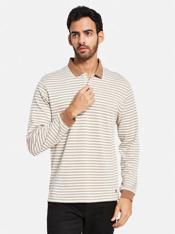 Mettle Men Brown Striped High Neck Pockets T-Shirt