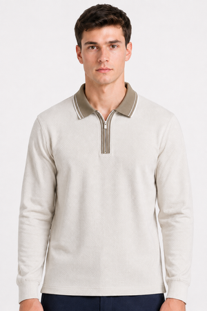 Men’s Arctic Wolf Overknit Lycra Polo Collar Pre-Winter T-Shirt – Regular Fit Full Sleeve Half-Zip Tee