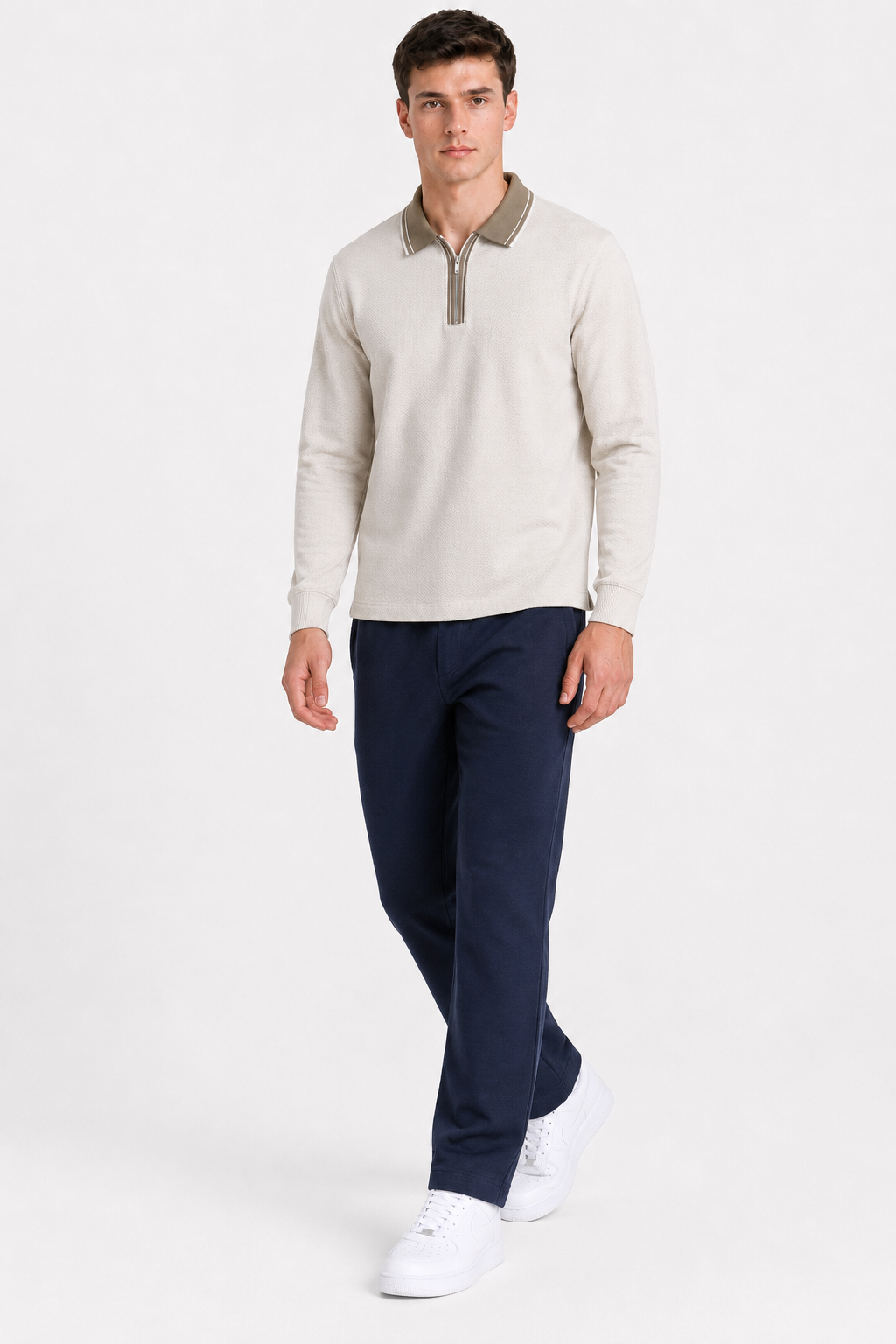 Men’s Arctic Wolf Overknit Lycra Polo Collar Pre-Winter T-Shirt – Regular Fit Full Sleeve Half-Zip Tee