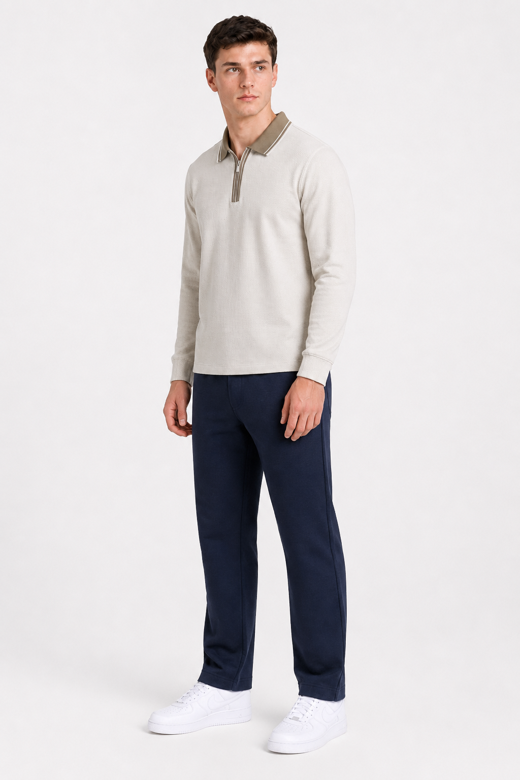 Men’s Arctic Wolf Overknit Lycra Polo Collar Pre-Winter T-Shirt – Regular Fit Full Sleeve Half-Zip Tee