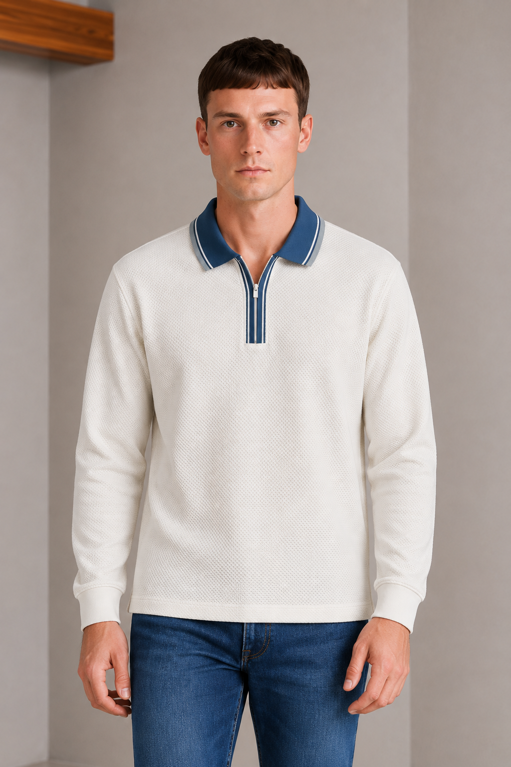 Men’s Off-White Over-Knit Lycra Pre-Winter Polo T-Shirt – Regular Fit Full Sleeve Zip Neck