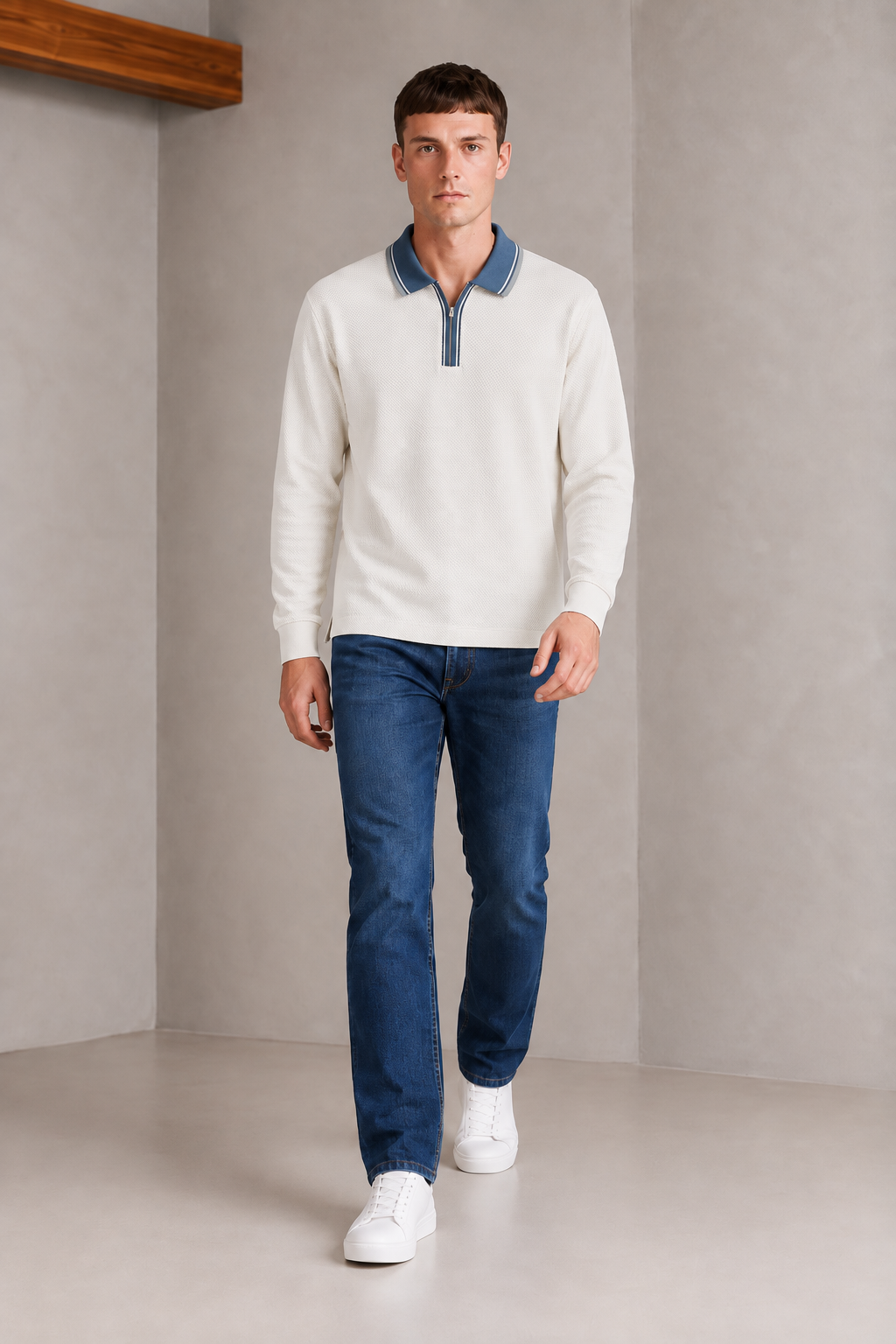 Men’s Off-White Over-Knit Lycra Pre-Winter Polo T-Shirt – Regular Fit Full Sleeve Zip Neck