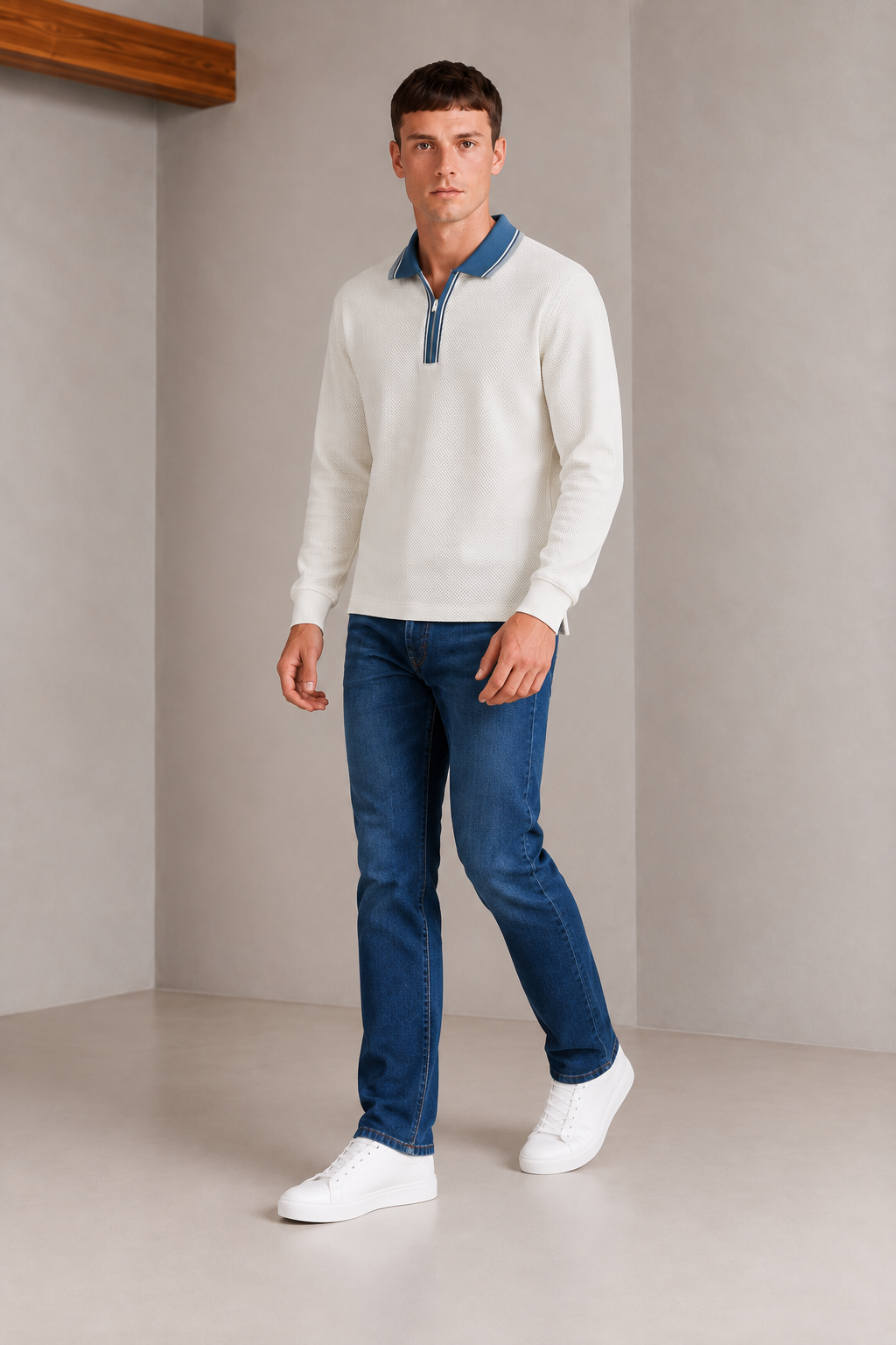 Men’s Off-White Over-Knit Lycra Pre-Winter Polo T-Shirt – Regular Fit Full Sleeve Zip Neck