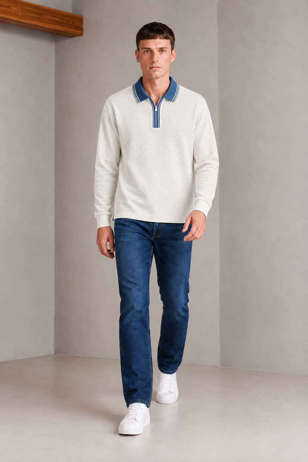 Men’s Off-White Over-Knit Lycra Pre-Winter Polo T-Shirt – Regular Fit Full Sleeve Zip Neck