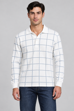 Men’s Delicate Blue Checked Knitted Lycra Full Sleeve Polo T-Shirt – Regular Fit
