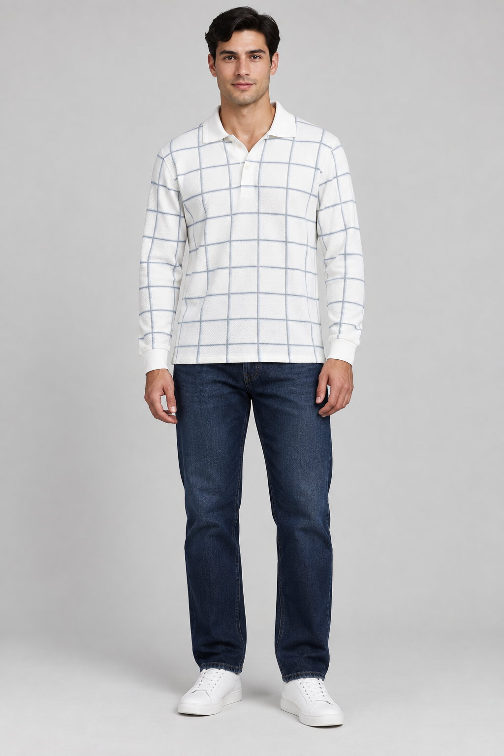 Men’s Delicate Blue Checked Knitted Lycra Full Sleeve Polo T-Shirt – Regular Fit