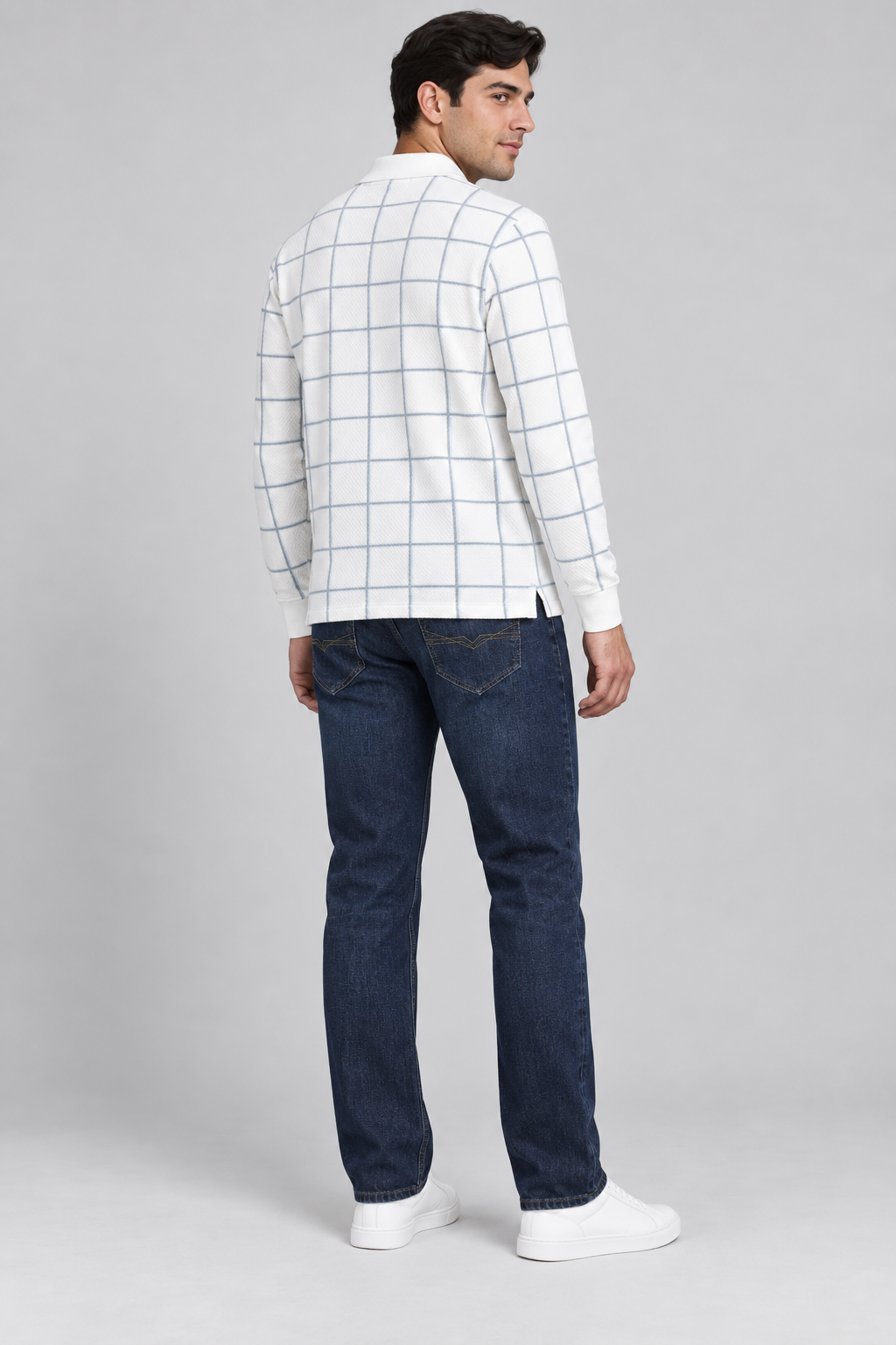 Men’s Delicate Blue Checked Knitted Lycra Full Sleeve Polo T-Shirt – Regular Fit