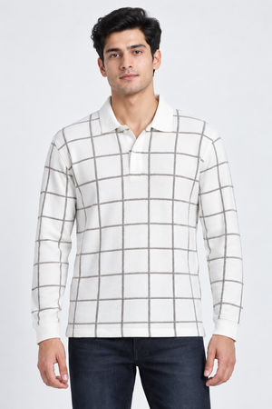 Men’s Stone Checked Knitted Lycra Full Sleeve Polo T-Shirt – Regular Fit