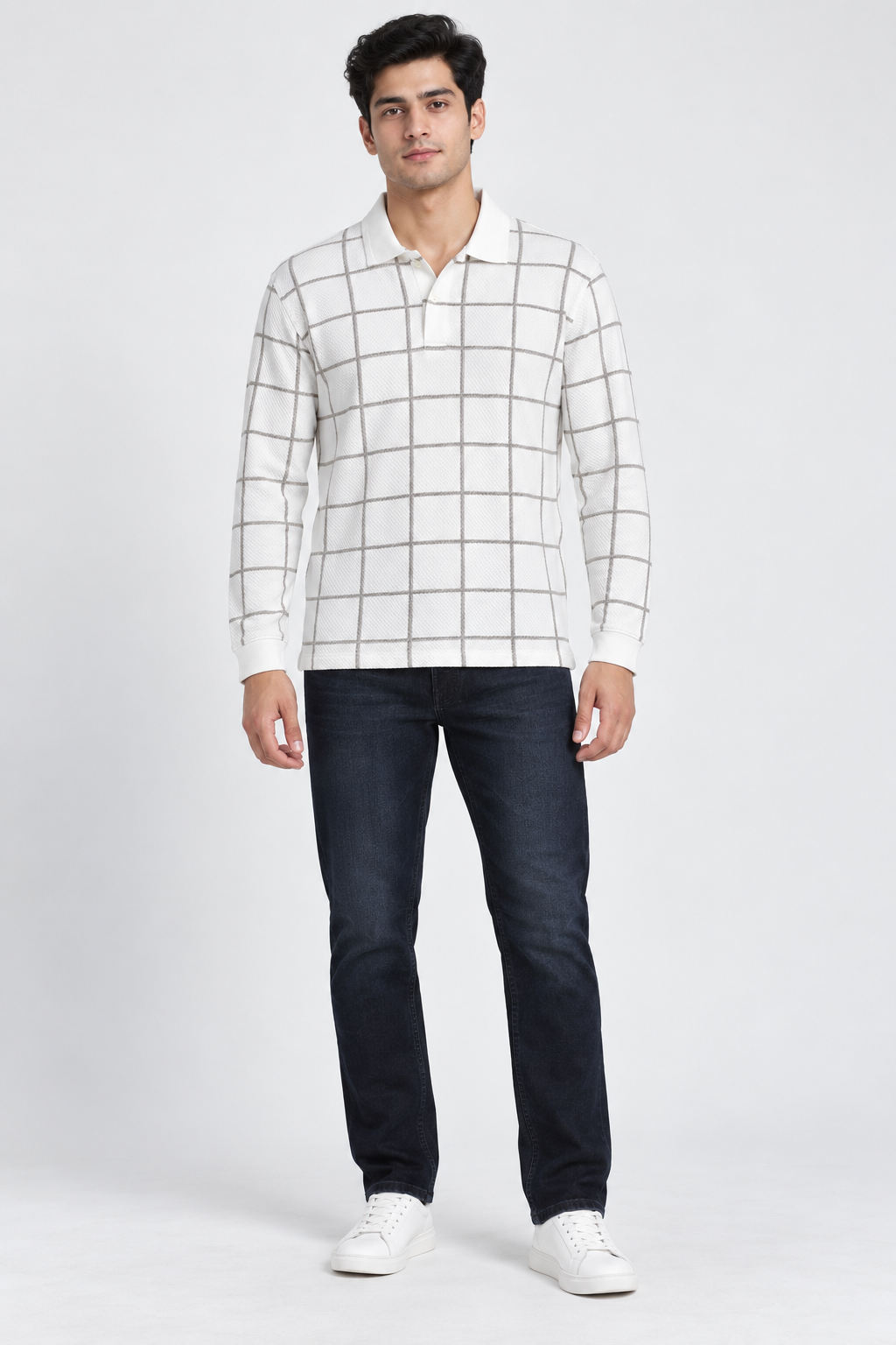 Men’s Stone Checked Knitted Lycra Full Sleeve Polo T-Shirt – Regular Fit