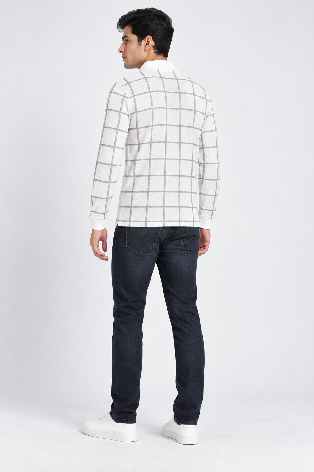 Men’s Stone Checked Knitted Lycra Full Sleeve Polo T-Shirt – Regular Fit