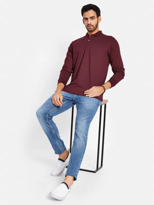 Mettle Men Maroon Striped Mandarin Collar Drop-Shoulder Sleeves T-Shirt