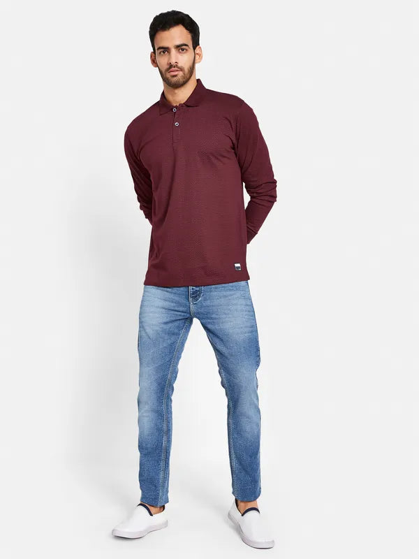 Mettle Men Maroon Striped Mandarin Collar Drop-Shoulder Sleeves T-Shirt