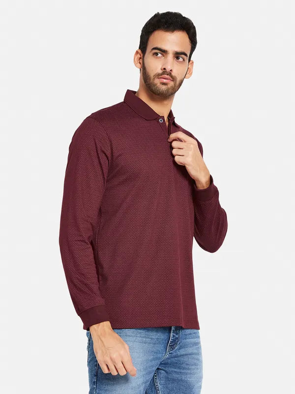 Mettle Men Maroon Striped Mandarin Collar Drop-Shoulder Sleeves T-Shirt