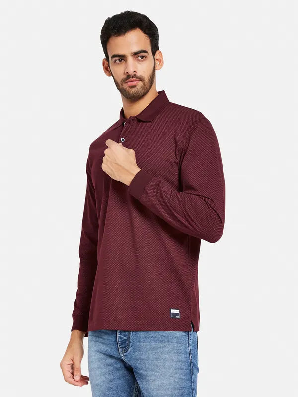 Mettle Men Maroon Striped Mandarin Collar Drop-Shoulder Sleeves T-Shirt