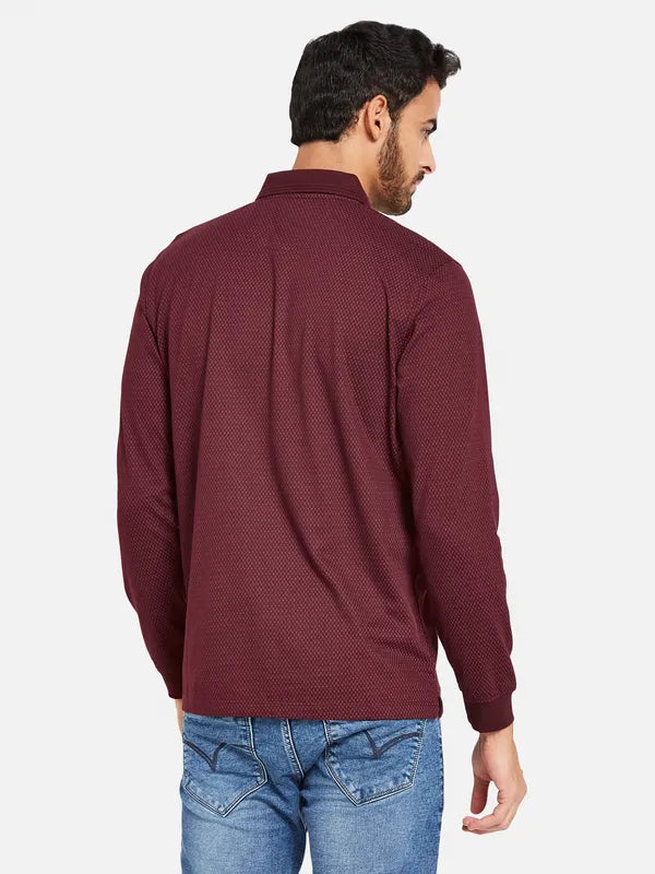 Mettle Men Maroon Striped Mandarin Collar Drop-Shoulder Sleeves T-Shirt