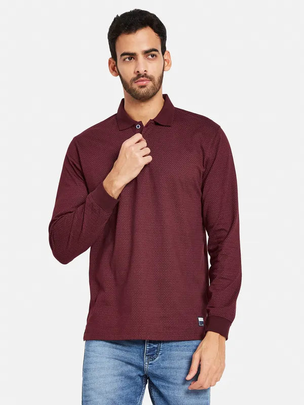 Mettle Men Maroon Striped Mandarin Collar Drop-Shoulder Sleeves T-Shirt