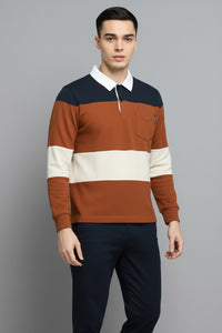 Men Brown Out Striped Polo Collar Pockets T-shirt