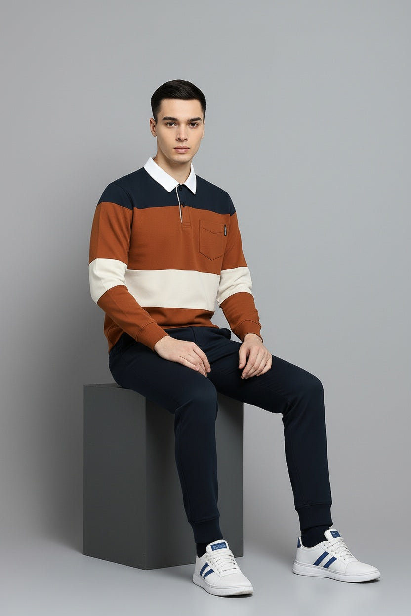 Men Striped Polo Collar Pockets T-shirt