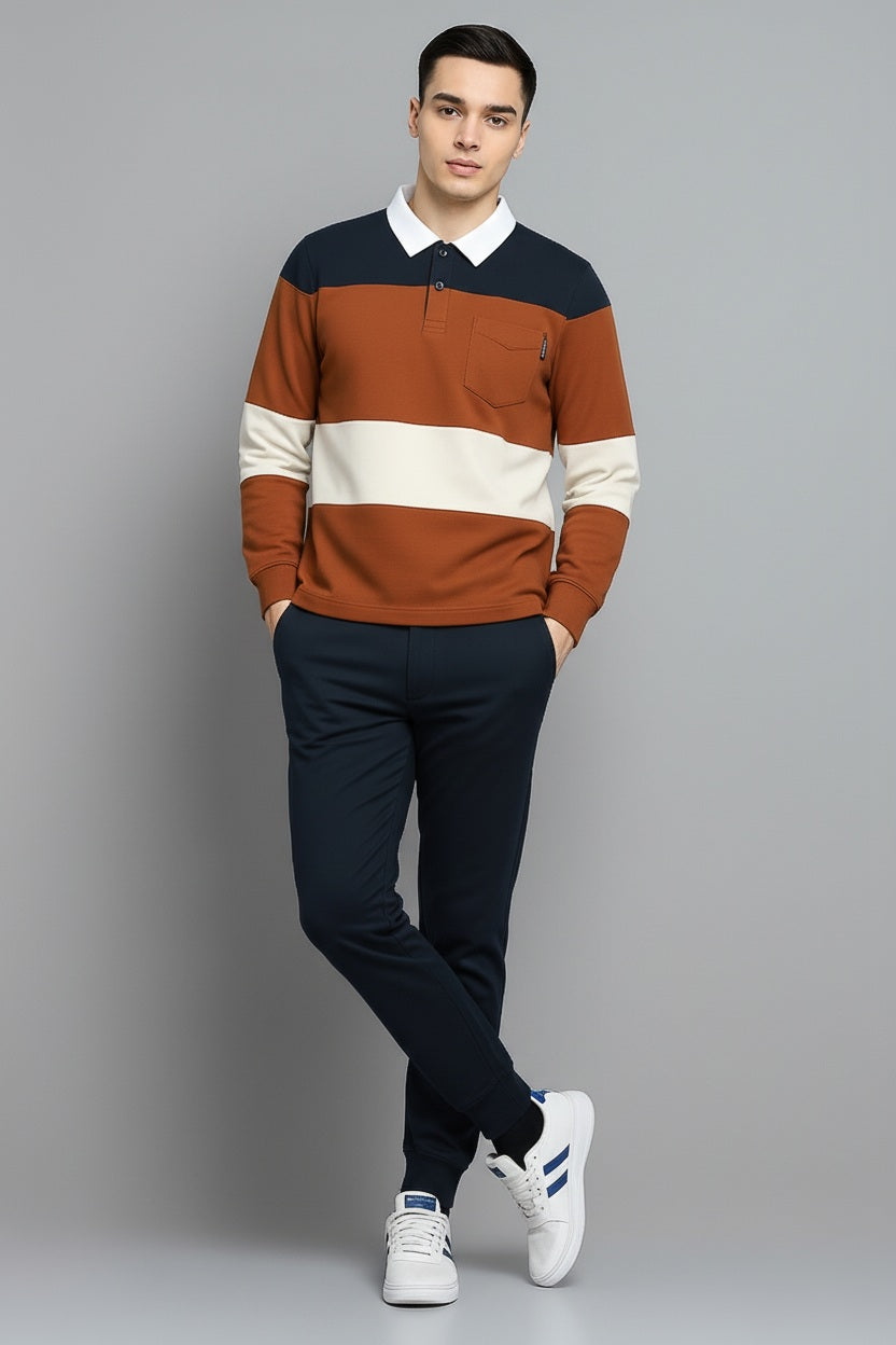 Men Brown Out Striped Polo Collar Pockets T-shirt