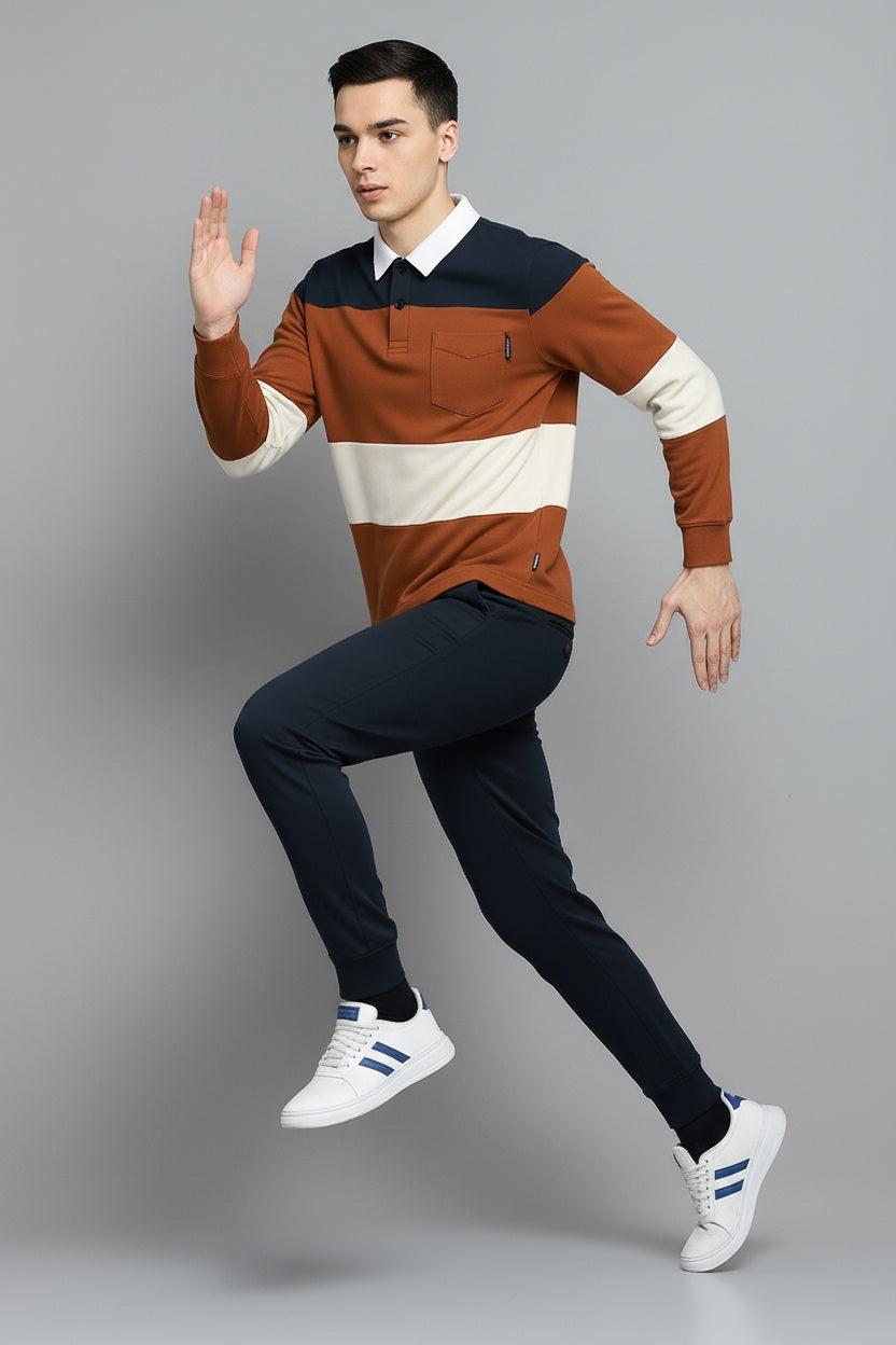 Men Brown Out Striped Polo Collar Pockets T-shirt