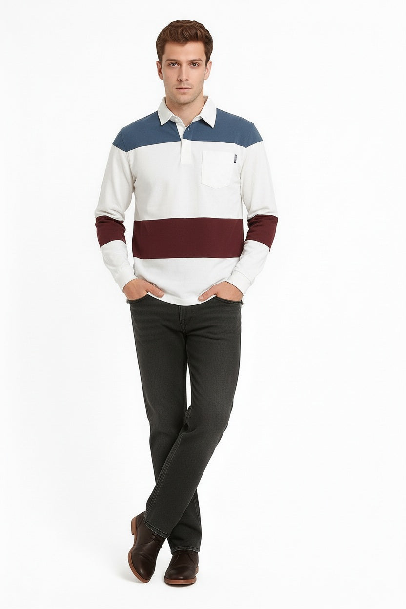 Men Off White Typography Colourblocked Polo Collar Pockets T-shirt