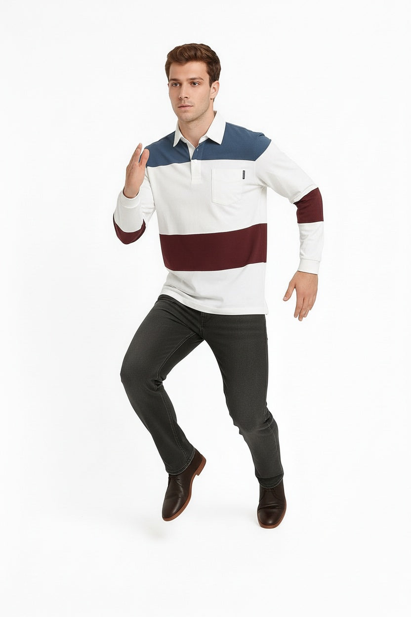 Men Typography Colourblocked Polo Collar Pockets T-shirt