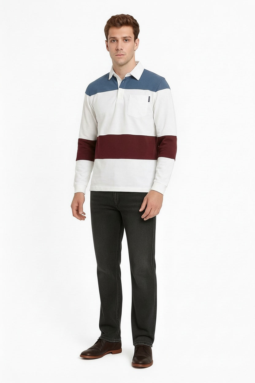 Men Typography Colourblocked Polo Collar Pockets T-shirt