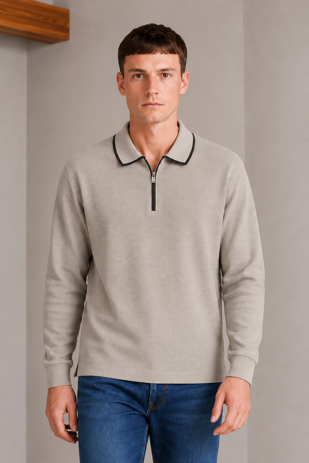 Men’s Mastic Popcorn Textured Pre-Winter Polo T-Shirt – Regular Fit Full Sleeve Half-Zip