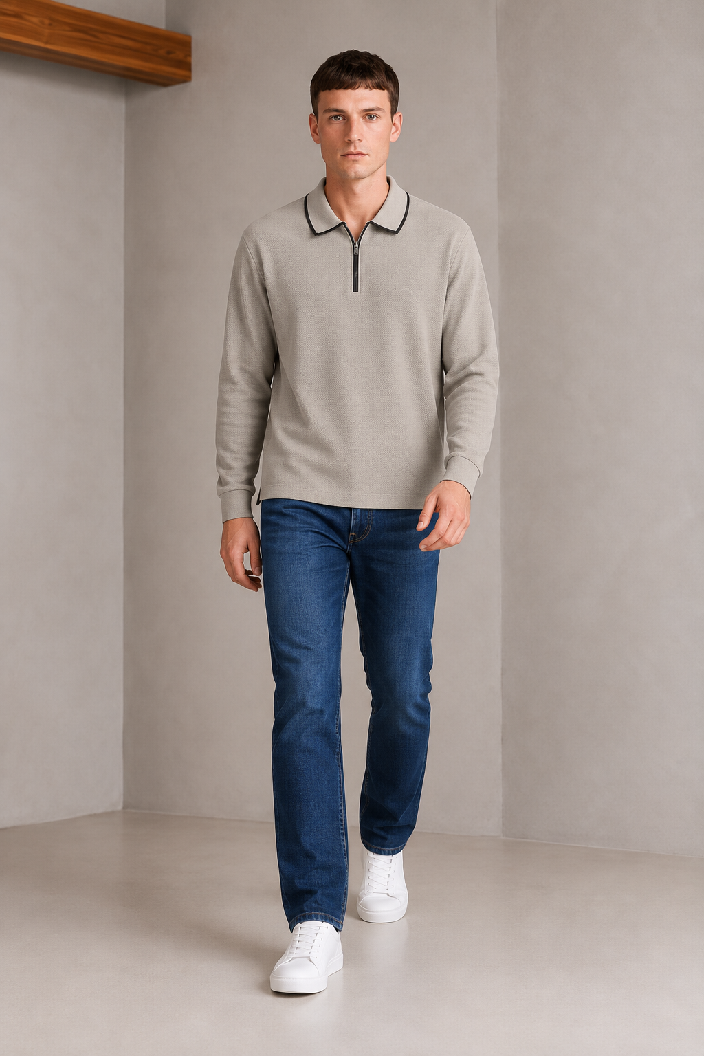Men’s Mastic Popcorn Textured Pre-Winter Polo T-Shirt – Regular Fit Full Sleeve Half-Zip