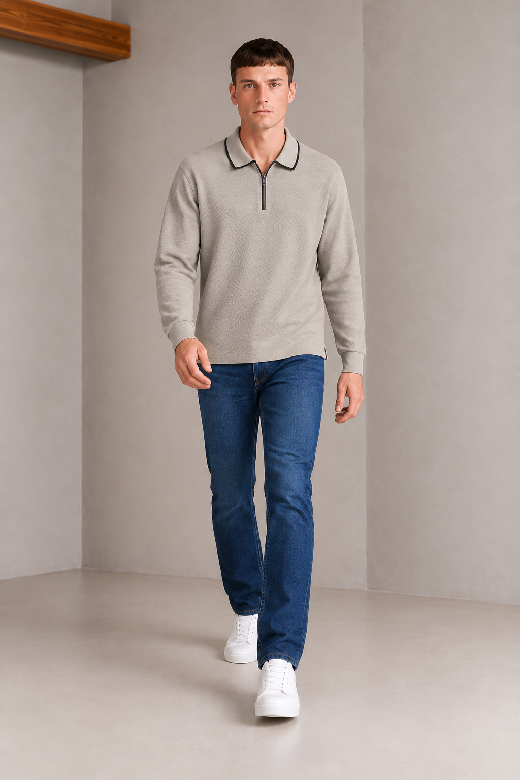 Men’s Mastic Popcorn Textured Pre-Winter Polo T-Shirt – Regular Fit Full Sleeve Half-Zip